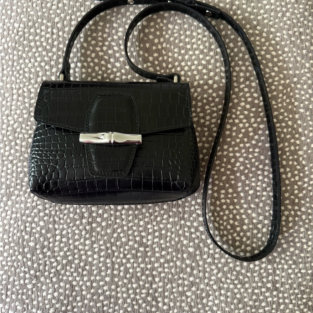 Longchamp Roseau Black Crocodile-Embossed Crossbody